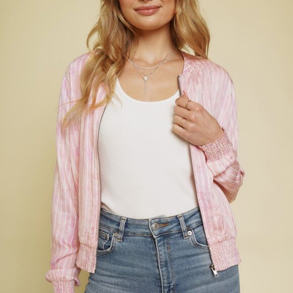 MYSTREE Pink Bomber Jacket – Lightweight Zip Up Striped Long Sleeve - Picture 4 of 7